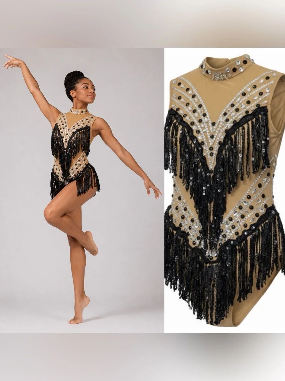 Glamour solo cabaret Broadway, dance costume tan black embellished fringe SA